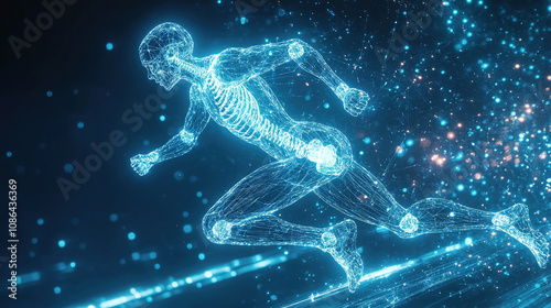 The vector illustration features a digital running man in motion, set against a futuristic technological blue background.