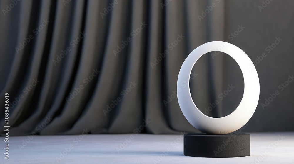 A minimalist sculpture featuring a white circular form on a black pedestal, set against a soft gray draped backdrop. A minimalist sculpture featuring a white circular form on a black pedestal, set against a soft gray draped backdrop.