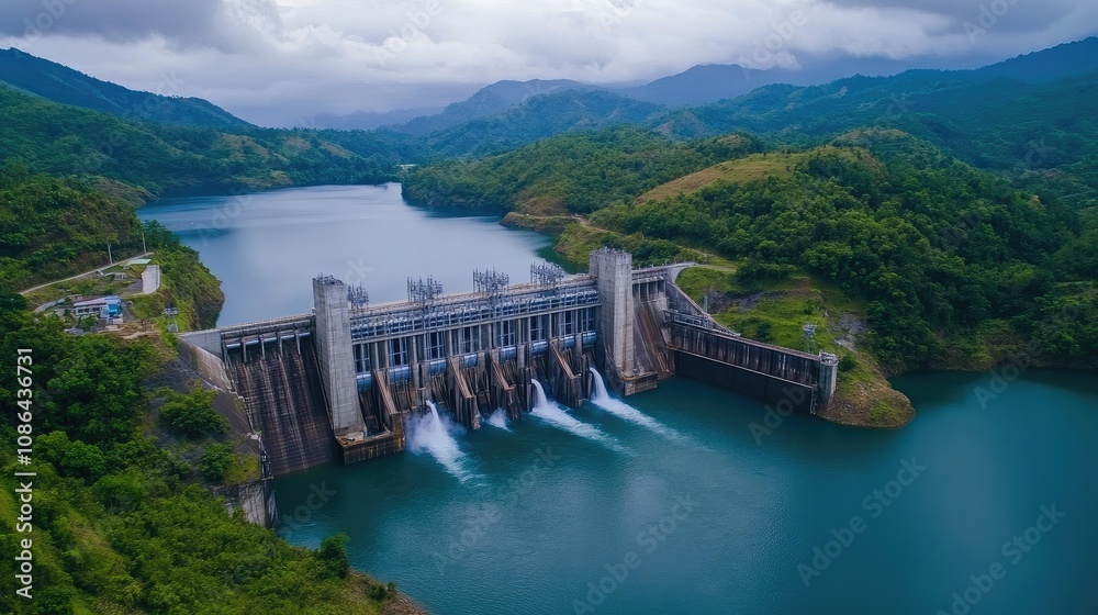 Aerial shot of a dam with water turbines generating electricity, set in a serene mountain environment Aerial shot of a dam with water turbines generating electricity, set in a serene mountain environment