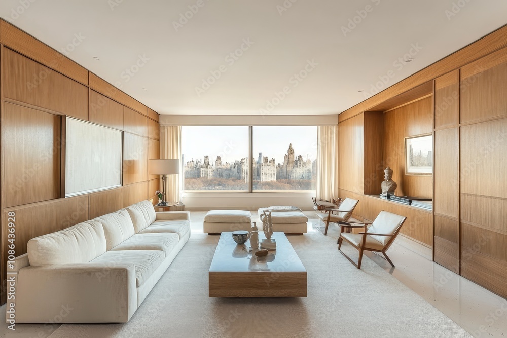 Fototapeta premium Modern living room with a view of the city skyline.
