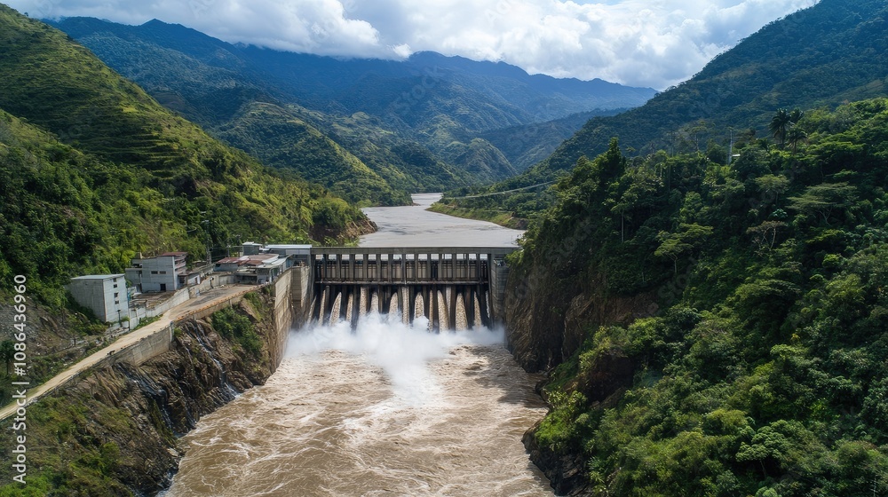 Aerial view of dam in a mountain setting, with water rushing through turbines for renewable energy Aerial view of dam in a mountain setting, with water rushing through turbines for renewable energy