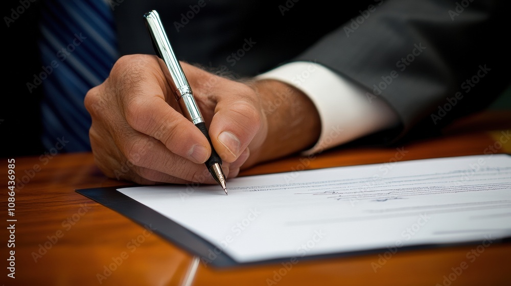 Close-up of a businessman signing a contract on a wooden desk, with a sleek pen and a blurred office background. Conveys professionalism and the importance of agreements.