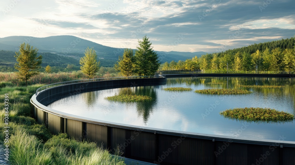 Clean clarifier tank with natural landscape, symbolizing balance between industrial needs and nature Clean clarifier tank with natural landscape, symbolizing balance between industrial needs and nature