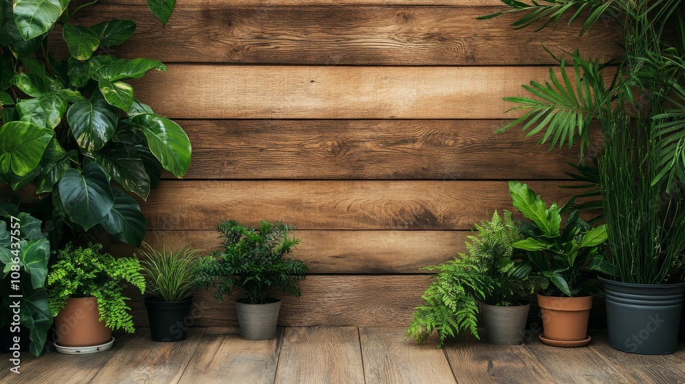 A perfect combination of warm wood tones and fresh green ornamental plants for a cozy and natural backdrop. A perfect combination of warm wood tones and fresh green ornamental plants for a cozy and natural backdrop.