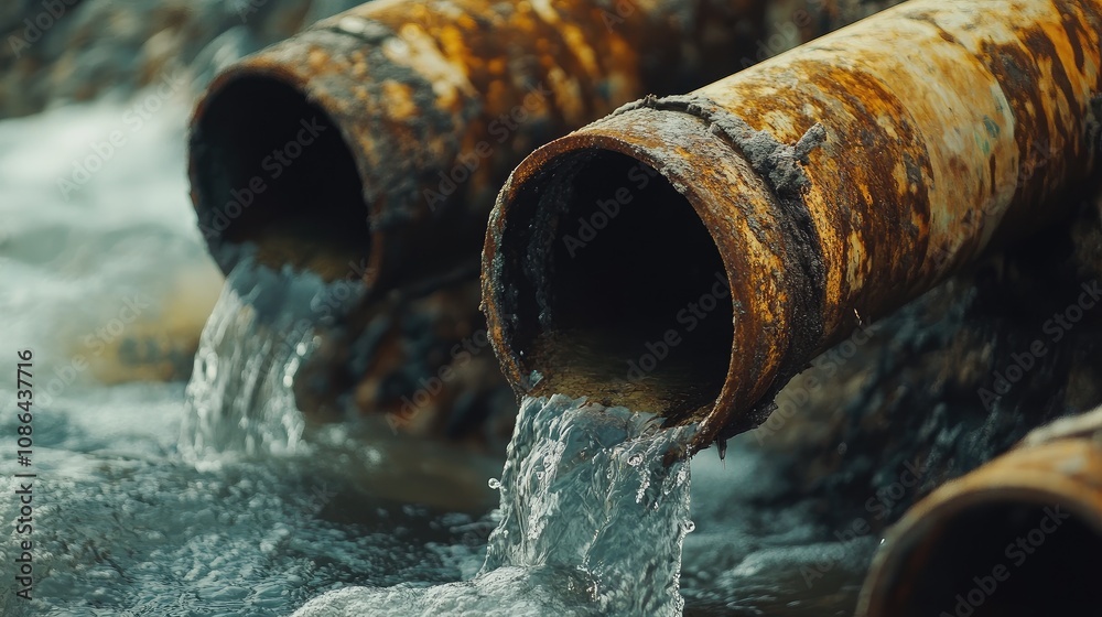 Close-up of rusted pipes emitting waste into water, representing environmental pollution Close-up of rusted pipes emitting waste into water, representing environmental pollution