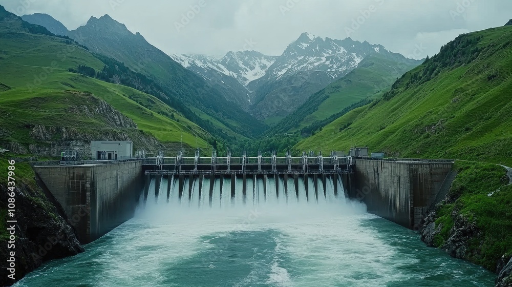 Dam with water turbines generating power, surrounded by green mountains, representing eco-conscious energy Dam with water turbines generating power, surrounded by green mountains, representing eco-conscious energy