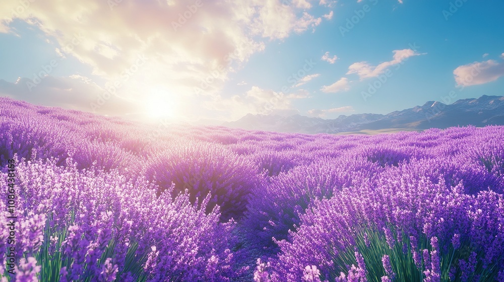 Fototapeta premium A vibrant lavender field under a bright sky at sunset, showcasing natural beauty.