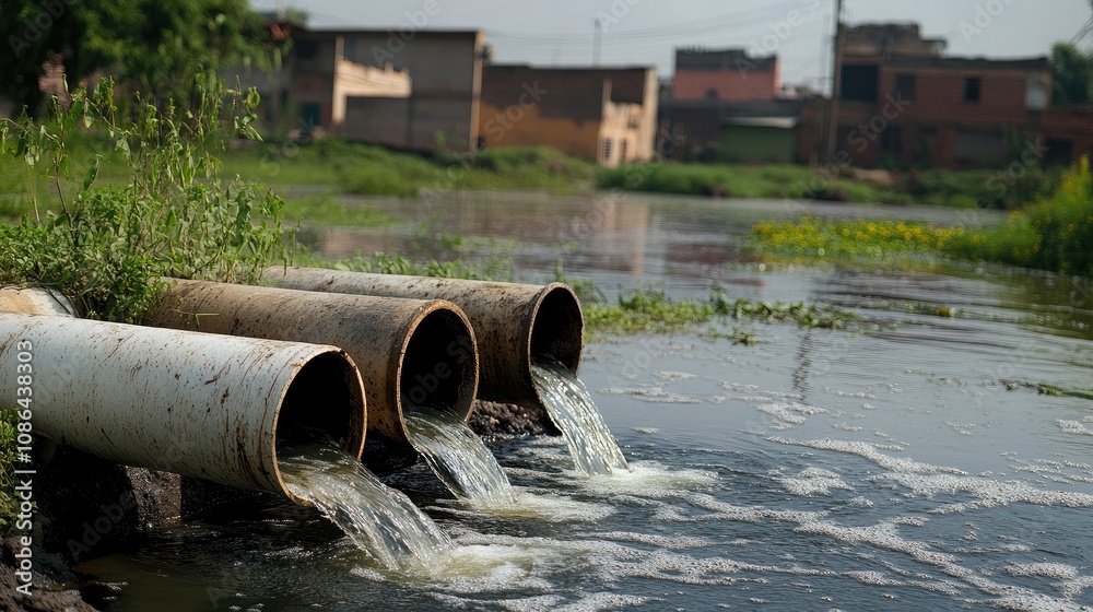 Factory pipes releasing waste into a water body, representing pollution with industrial structures behind Factory pipes releasing waste into a water body, representing pollution with industrial structures behind