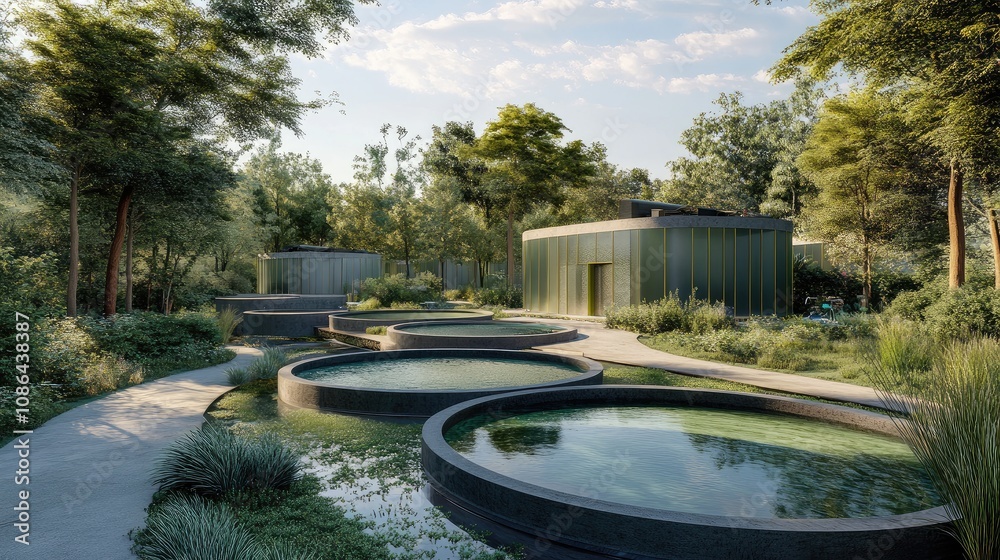 Filtration tanks with green landscaping around, reflecting eco-conscious wastewater treatment Filtration tanks with green landscaping around, reflecting eco-conscious wastewater treatment