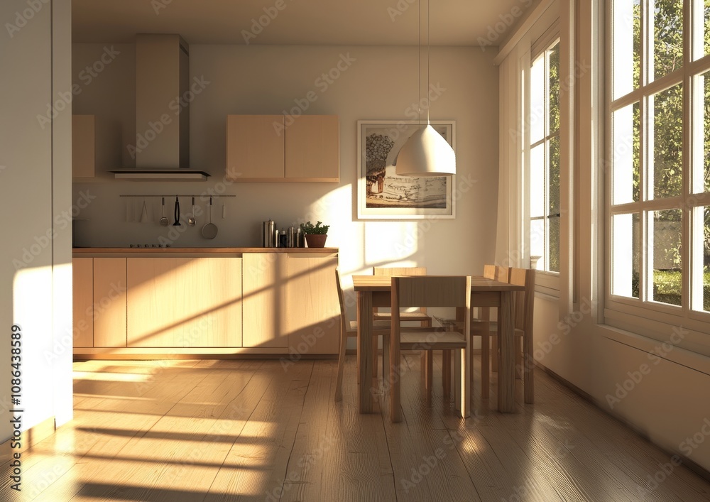 A modern kitchen with wooden cabinets and a dining table, bathed in warm sunlight streaming through large windows. A modern kitchen with wooden cabinets and a dining table, bathed in warm sunlight streaming through large windows.