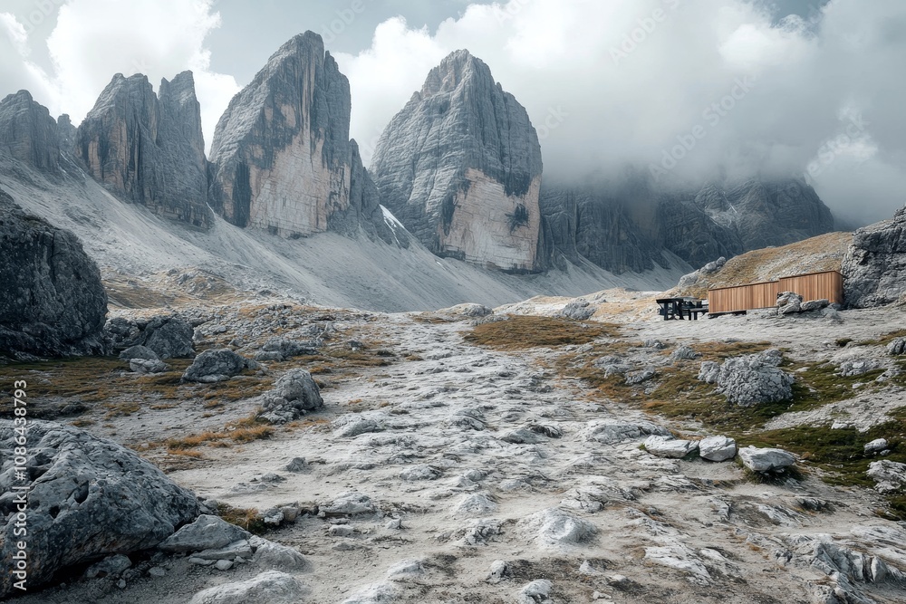Obraz premium A winding path leads towards a mountain hut nestled amidst majestic, rocky peaks.