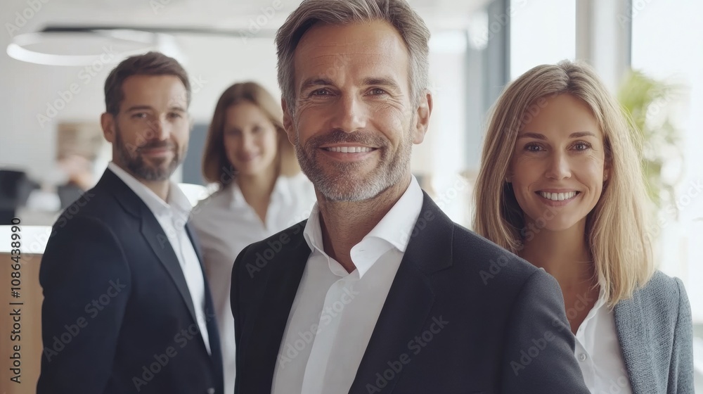 group of businesspeople standing together in a bright office, wearing professional attire and smiling confidently. The atmosphere is welcoming and dynamic. group of businesspeople standing together in a bright office, wearing professional attire and smiling confidently. The atmosphere is welcoming and dynamic.