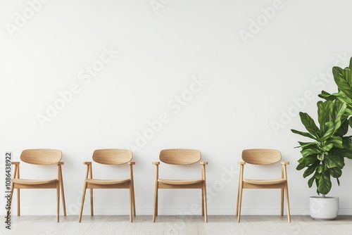 Four wooden chairs in a row in front of a white wall with a potted plant in the right corner.