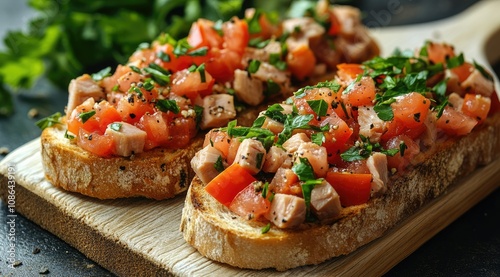 Three slices of toasted bread topped with diced tomatoes, herbs, and meat.