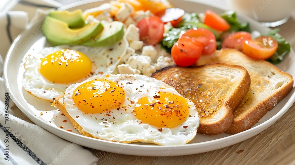 A perfectly cooked breakfast of eggs, toast, and avocado, arranged on a white plate. A perfectly cooked breakfast of eggs, toast, and avocado, arranged on a white plate.