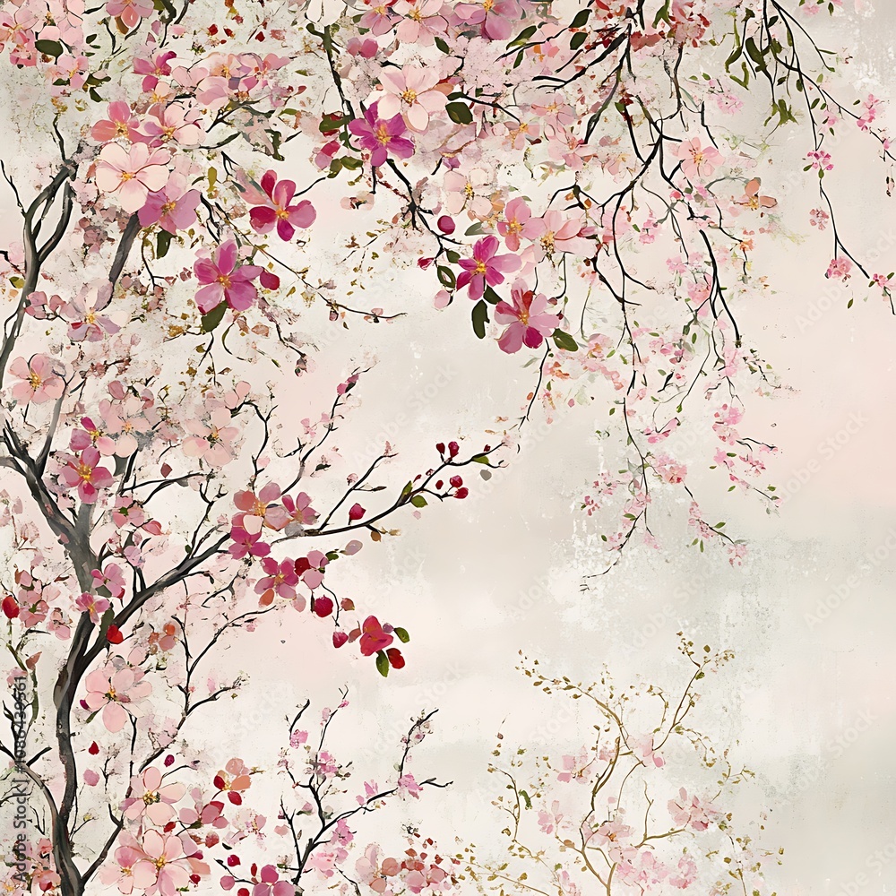 Watercolor Painting of Pink Flowers on Branch Watercolor Painting of Pink Flowers on Branch