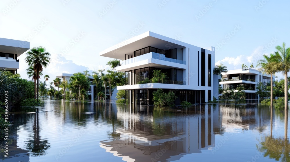 Fototapeta premium Modern houses surrounded by water and lush greenery.
