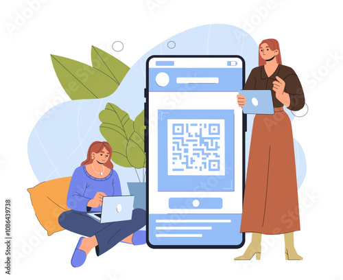 Woman with QR code. Women with tablets near huge smartphone. Electronic transfers and transactions. Modern technologies and shortened links. Flat vector illustration isolated on white background