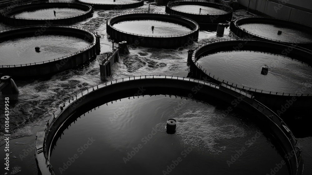 Rows of clarifier tanks at a wastewater plant, representing commitment to environmental protection Rows of clarifier tanks at a wastewater plant, representing commitment to environmental protection