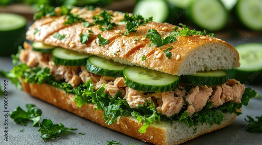 Tuna salad sandwich on baguette with cucumber and parsley. Tuna salad sandwich on baguette with cucumber and parsley.