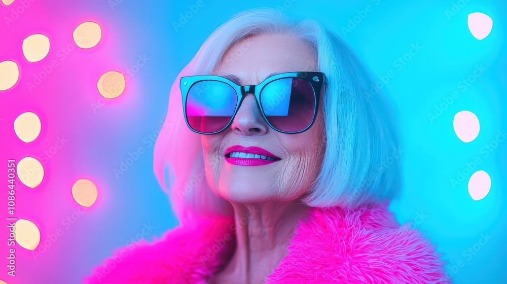 Stylish Senior Woman in Pink Fur Neon Lights Sunglasses Stylish Senior Woman in Pink Fur Neon Lights Sunglasses