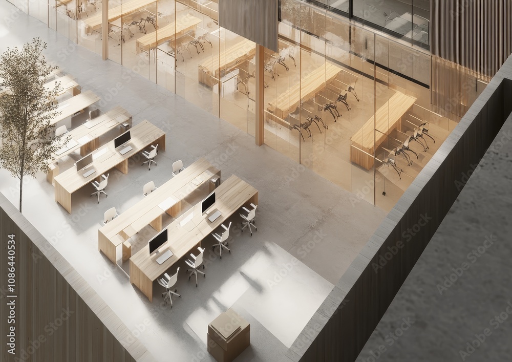 A high angle view of a modern office space with large windows, wooden desks, and white chairs. A high angle view of a modern office space with large windows, wooden desks, and white chairs.