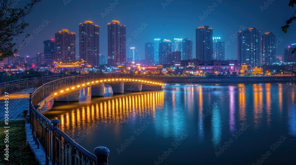 Fototapeta premium Illuminated bridge and cityscape at night.