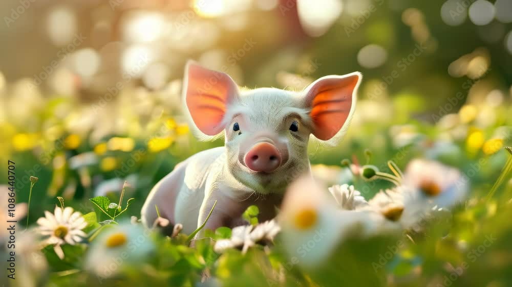 Happy piglet playing in a field of wildflowers during a sunny afternoon in springtime Happy piglet playing in a field of wildflowers during a sunny afternoon in springtime