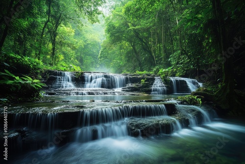 Cascading Waterfall in Lush Green Forest