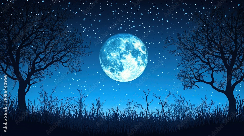 A serene night scene featuring a large moon surrounded by stars and silhouetted trees. A serene night scene featuring a large moon surrounded by stars and silhouetted trees.