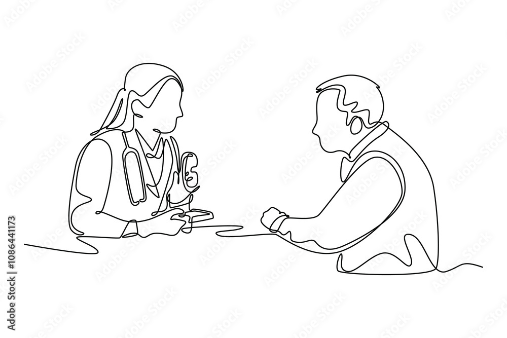 Doctor and patient. Single line draw design vector graphic illustration. Doctor and patient. Single line draw design vector graphic illustration.