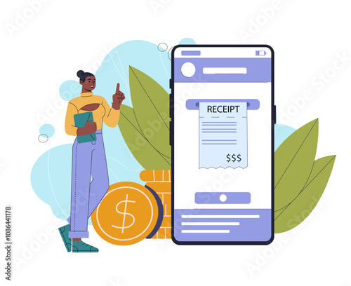 Woman with receipt in phone. Young girl with check on smartphone screen. Online shopping and electronic commerce, digital payment. Flat vector illustration isolated on white background