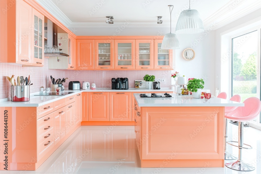 Fototapeta premium Modern kitchen with peach cabinets, white countertop, and island with bar stools.