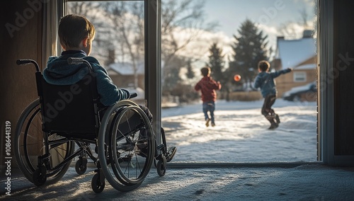 Winter's Day: A Boy in a Wheelchair Watches Children Play in the Snow