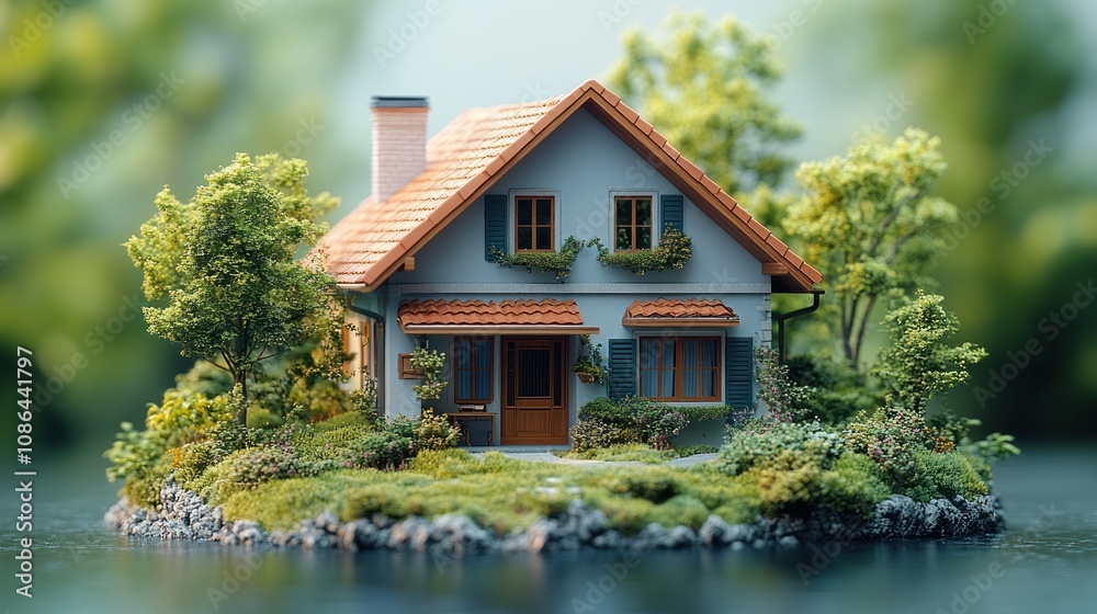Obraz premium A charming miniature house surrounded by lush greenery and water.