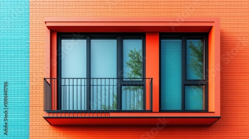 Modern architectural window with vibrant orange and blue colors.