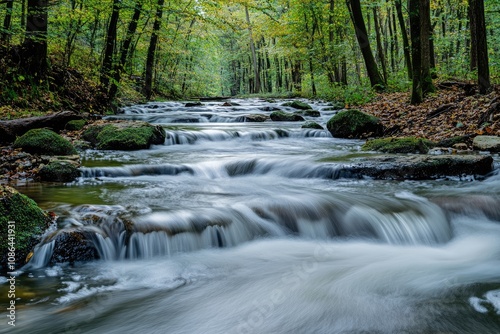 Serene Stream Flowing Through a Lush Forest