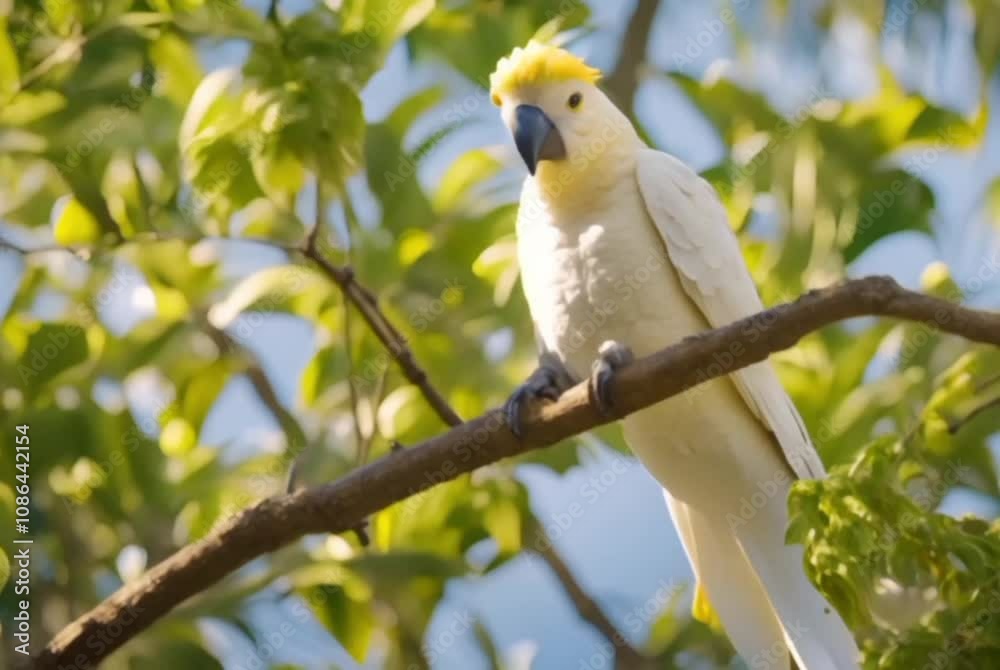 A vibrant Lesser Sulphur-Crested Cockatoo perched on a sunlit branch, its bright yellow crest fanned out like a crown. The bird's soft white feathers glisten in the gentle breeze, surrounded by lush A vibrant Lesser Sulphur-Crested Cockatoo perched on a sunlit branch, its bright yellow crest fanned out like a crown. The bird's soft white feathers glisten in the gentle breeze, surrounded by lush