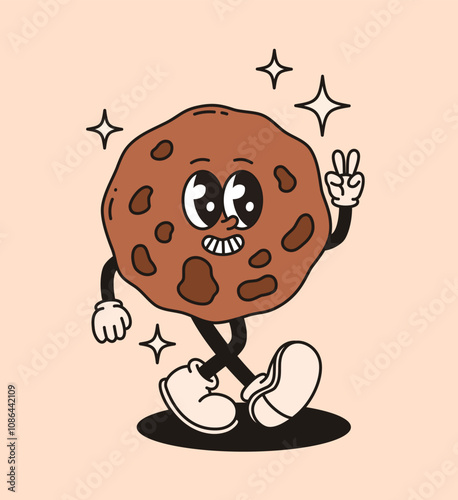 Groovy retro character cookies with chocolate. Flat vector illustration.