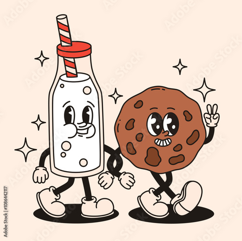 Groovy retro characters milk bottle and cookies. Flat vector illustration.