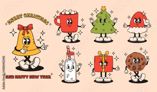 Set of groovy Christmas characters. Gift, bell, Christmas tree, hot chocolate, cookies, milk. Flat vector illustration.