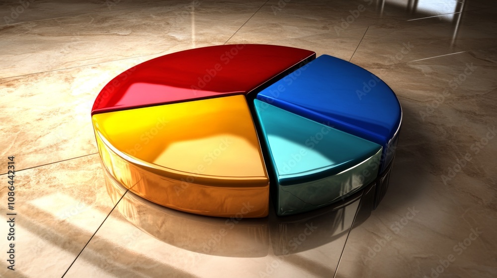 Fototapeta premium Modern and Colorful 3D Pie Chart on a Glossy Surface, Representing Data Visualization and Business Analysis with Bright Segments