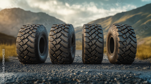 Four all-terrain tires located on a gravel road, mountain landscape in the background