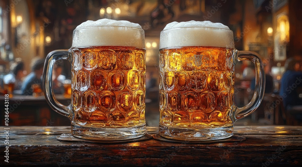Two frosty mugs of beer on a bar counter, a blurry background of a lively pub. Two frosty mugs of beer on a bar counter, a blurry background of a lively pub.