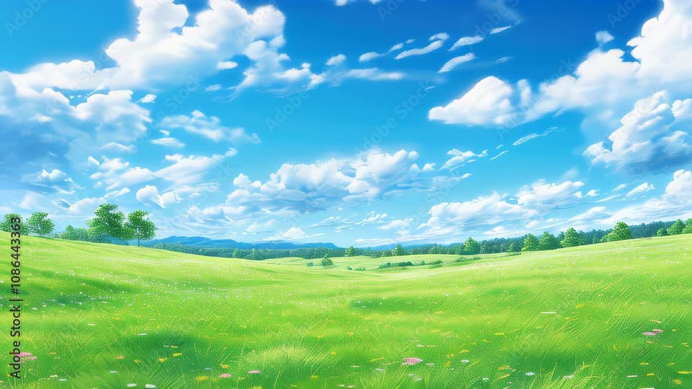 Beautiful sunny day in a lush green field with vibrant flowers and fluffy clouds above in a serene landscape Beautiful sunny day in a lush green field with vibrant flowers and fluffy clouds above in a serene landscape
