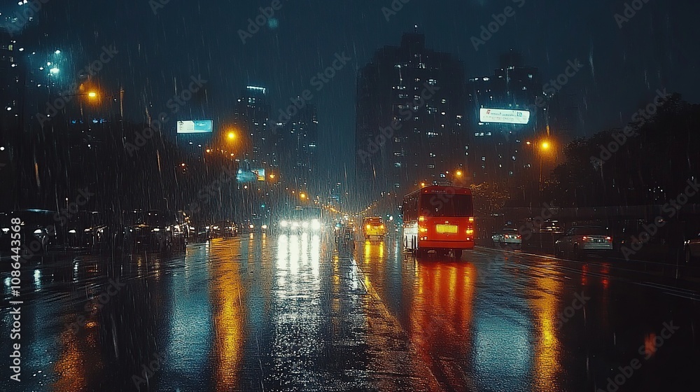 Obraz premium A rainy city street at night, illuminated by lights and reflections on wet asphalt.