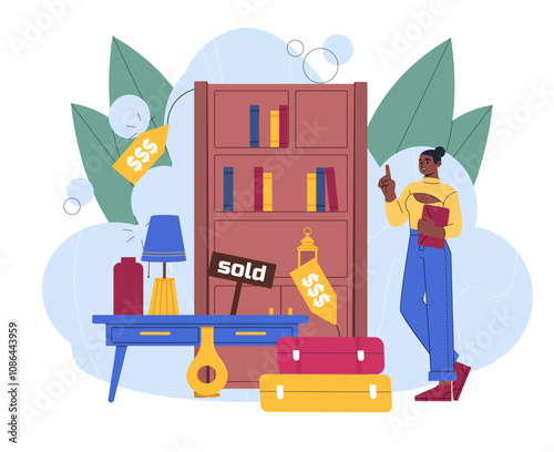 Woman selling furniture. Young girl near cabinet with books and table with lamp. Garage sale for neighbors, second hand market. Flat vector illustration isolated on white background
