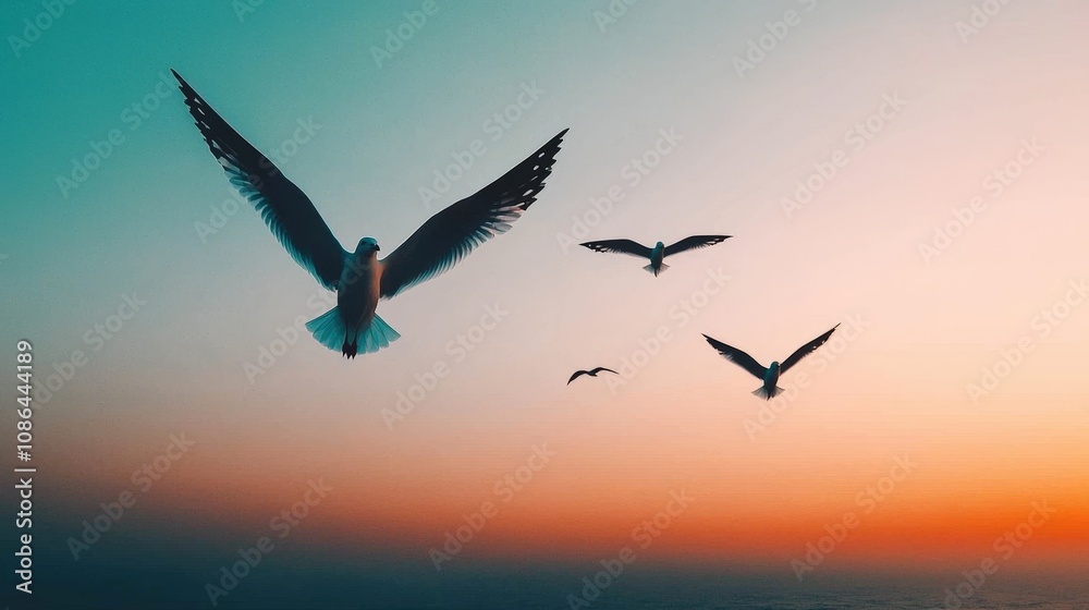 Fototapeta premium Majestic Seagulls Soaring at Sunset Ocean Birds in Flight Peaceful Sunrise Sky