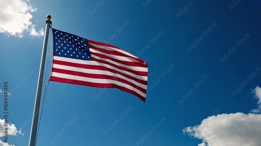 The flag is against a blue sky with white clouds. It is shown in full view, with its stripes and stars blowing in the wind. The flagpole is vertical on the left. The flag is red against blue. The flag is against a blue sky with white clouds. It is shown in full view, with its stripes and stars blowing in the wind. The flagpole is vertical on the left. The flag is red against blue.