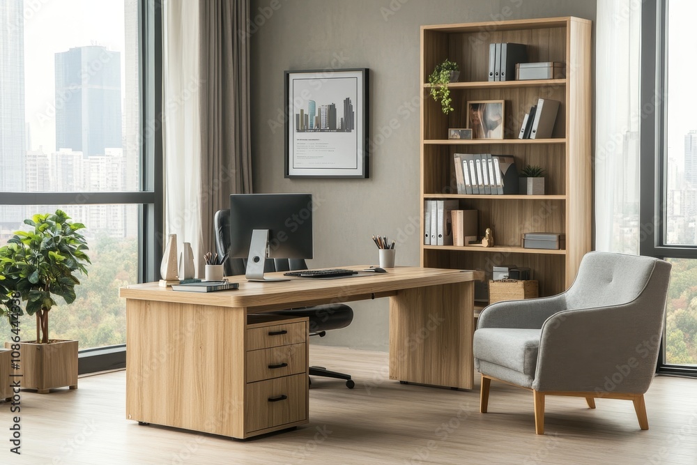 Modern home office with a large desk, comfortable chair, and a bookshelf. The office has a large window overlooking a city skyline. Modern home office with a large desk, comfortable chair, and a bookshelf. The office has a large window overlooking a city skyline.